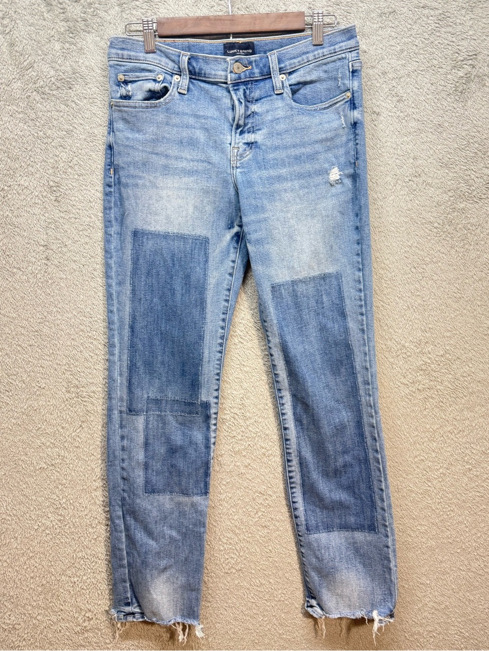 Lucky Brand Patchwork Skinny Jeans Light Wash Raw Frayed Hem Size 8/29R